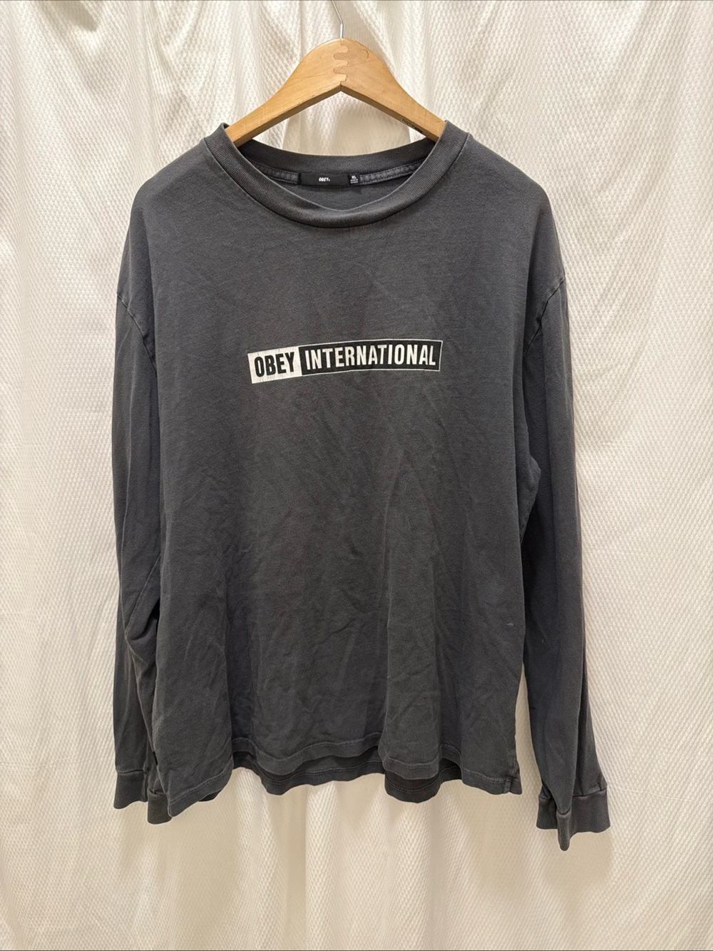 Obey International Long Sleeve Crewneck Tee - Charcoal Gray with White Logo